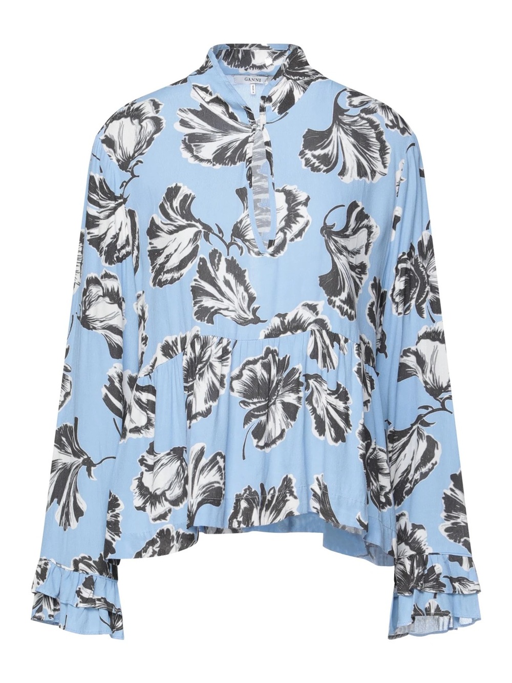 Ganni Light Blue Black White Floral Keyhole Tie-Neck Blouse